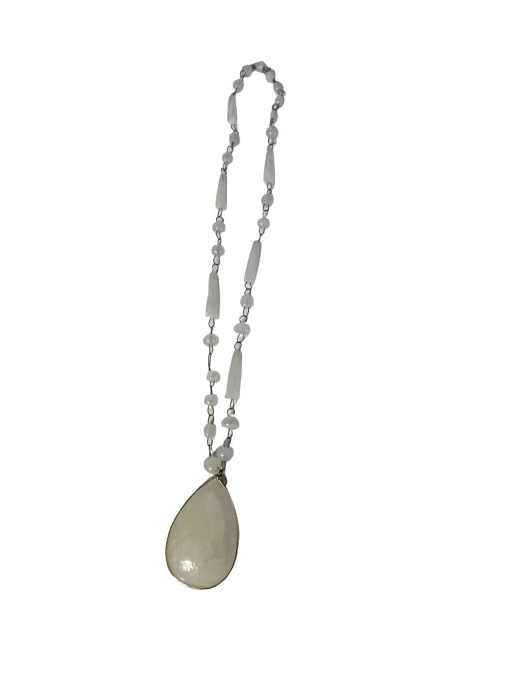 Vintage Beaded Necklace White Stone Glass Teardrop Pendant Sun Face Etched 22”